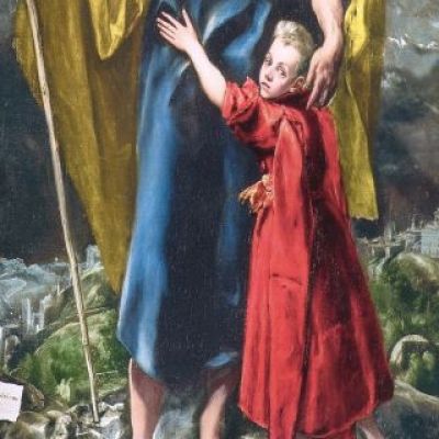 Firma del Greco y paisaje de Toledo en San José y el Niño 